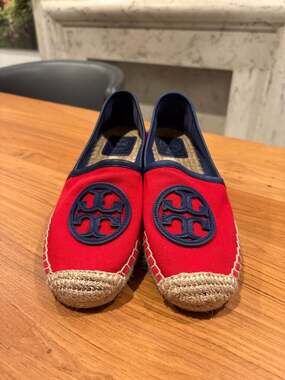 Tory Burch Ines Canvas Espadrille Flats in Red and Navy EUC